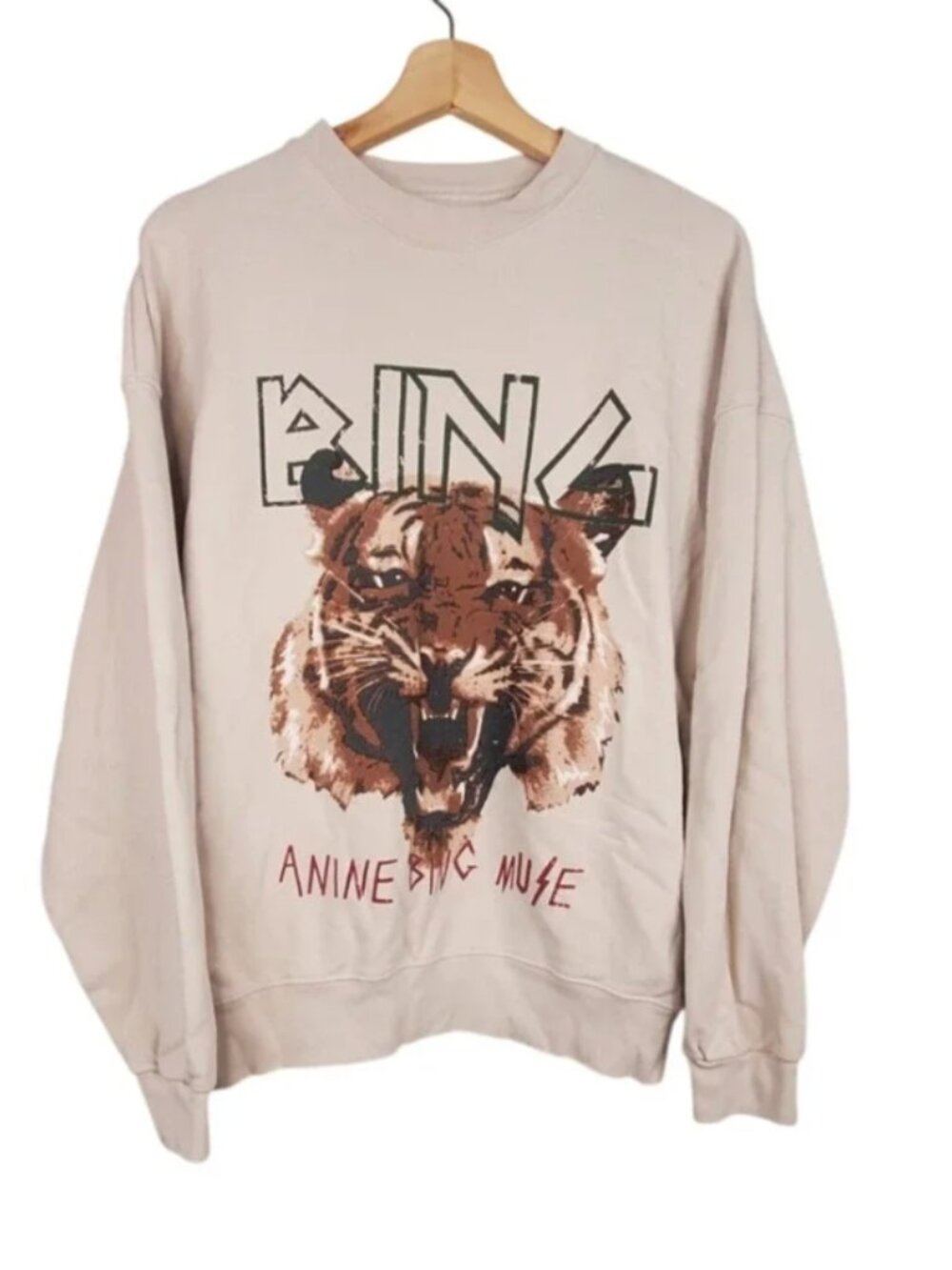 Anine Bing Muse Tiger Graphic Sweatshirt Stone 100% Organic Cotton Size Large